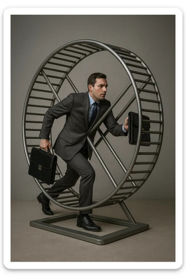 uomo che corre dentro la ruota del criceto come un circolo vizioso immagine realistica sticker