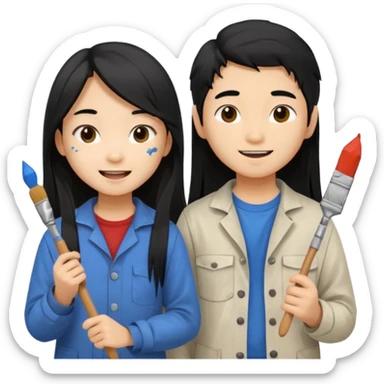 Happy Asian boy with long hair and girl messy painters sticker