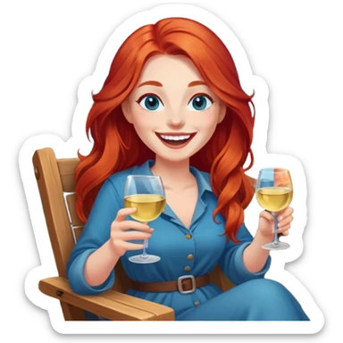 Laughing woman with long red hair and blue eyes holding white wine sitting in chair beside campfire sticker