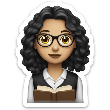 White girl with black wavy hair wearing glasses holding a book sticker