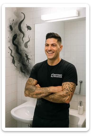 a man stands in a brightly lit bathroom, looking relieved and revitalized as he examines his reflection in the mirror. In the foreground, stylized, shadowy images of parasites (such as worms or protozoa) are shown leaving his body, dissolving into mist or fading away. His posture is upright and his expression is one of newfound energy and health. sticker