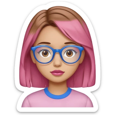 A girl with peach skin, brown eyes, blue glasses, pink lips, and light brown hair. sticker