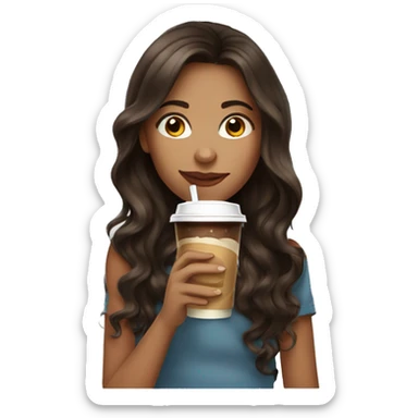 girl with long wavy dark brown hair with highlights drinking iced coffe sticker