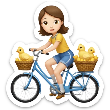 A flat toon cartoon girl riding a bicycle with a basket full of baby chicks, 1:1 square ratio. sticker