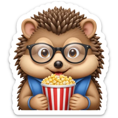 hedgehog with glasses eating popcorn sticker
