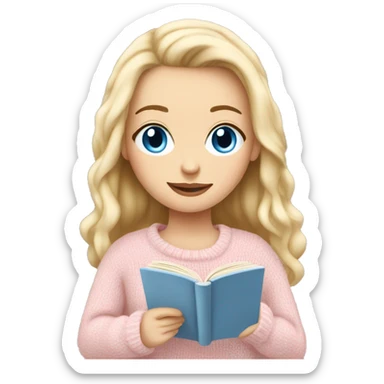Pretty blue eyed white girl with light pink sweater reading cozy sticker