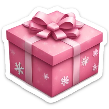 Adorable pink Christmas gift box with a bow, decorated with snowflakes sticker