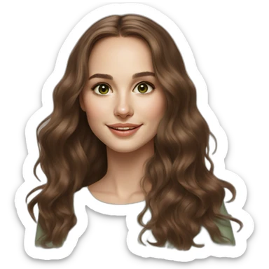 beautiful girl, white, with long loose wavy hair, brown hair, brown green eyes, looks like natalie portman, smiles at the camera,realistic drawing sticker