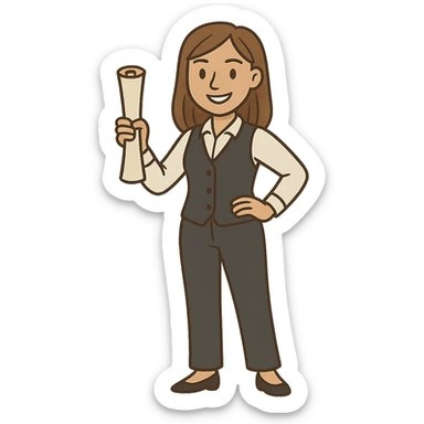female character with light brown straight hair, academic vest and pants, smiling, standing confidently as mentor, holding a scroll sticker