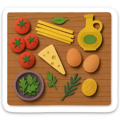 A realistic top-down view of a wooden kitchen table with various common ingredients neatly arranged (like tomatoes, pasta, eggs, cheese, herbs, olive oil). The background should be dark and soft to match a modern app interface. Lighting should highlight the ingredients naturally, with soft shadows. No text, no hands, minimalistic but warm and homely, like a mobile UI background for a cooking app. sticker
