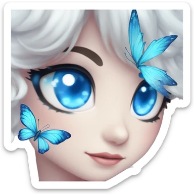 Edgy Cute Cool Kawaii gorgeous sparkly ethereal white fantasy animal with blue eyes sona with flowers and butterflies sticker