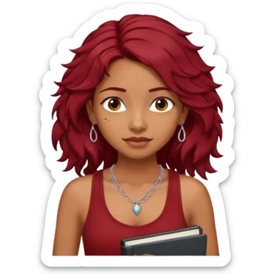 a pretty tan indian bratz girl with messy dark wavyred hair, wearing a dark red tank top, layered silver necklaces. Carrying multiple sketchbooks sticker