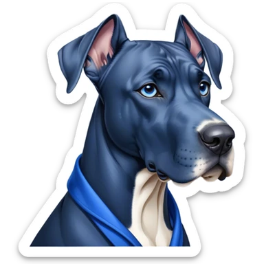 Cinematic Noble Blue Great Dane Portrait Emoji, Poised and regal, with a towering, muscular build and a sleek, well-groomed deep blue Fur, deep-set soulful steel-blue eyes, Simplified yet sharp and sophisticated features, highly detailed, glowing with a cool, dignified glow, high shine, intelligent and commanding, stylized with an air of majesty, focused and attentive, soft glowing outline, capturing the essence of a watchful and authoritative guardian, so majestic it feels as though it could stride out of the screen with effortless authority! sticker