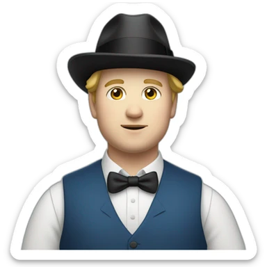 young fat white man wearing a black trilby and a blue waistcoat sticker