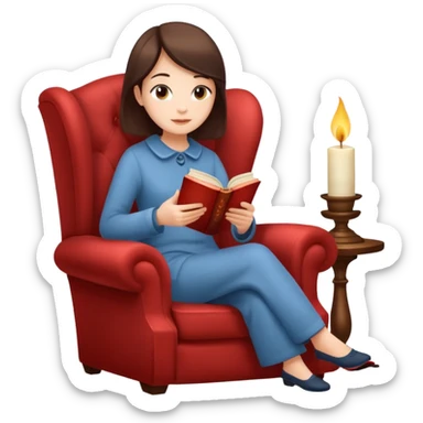 symbol of relaxation, a person relaxing on an armchair, a steaming cup of tea, a lit candle, and a book, all together, isolated on white background sticker