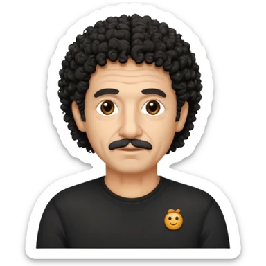 60 year old Greek man with short black curly frizzy hair that sticks up and has a black shirt sticker