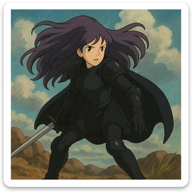 A mysterious warrior girl with flowing purple hair, dressed in black armor, in a dramatic stance, ghibli-inspired style. sticker
