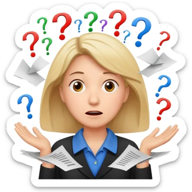 A kindergarden teacher with an overwhelmed expression, surrounded by flying papers and question marks. sticker