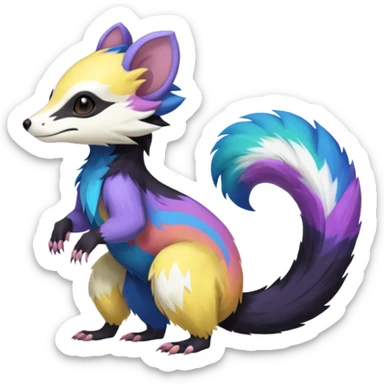 Colorful diaphanous Trico-Sergal-Skunk-Ferret-Furret-Marsupial-Vernid-fusion-Fakemon-animal-hybrid-creature, full body sticker