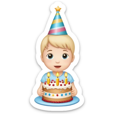 cute baby wearing birthday hat with birthday cake sticker