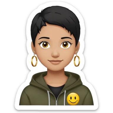 person with military cut black hair, brown eyes, wearing 2 circle earrings and a black hoodie with a smiley face sticker