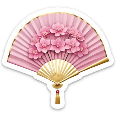 Japanese style pink hydrangea (ajisai) flower arranged like traditional uchiwa fan design, with gold accents, rinpa style pattern background, elegant composition sticker