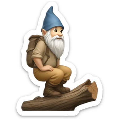 side view of gnome with light tan pants squatting above tiny brown log sticker