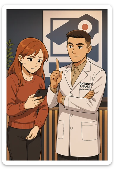 su questo stile fai un manga/webtoon a colori in cui una donna CONTROLLA LO SMARTPHONE MENTRE PARLA CON L'UOMO, l'uomo della foto in stile manga LE DICE DI "NO" CON IL DITO, mantieni un ambiente simile alla foto che ho allegato con il suo logo (sarebbe il suo studio, lui è un kinesiologo), scrivigli "ANTONIO ANANIA" sul camice bianco, non mettere fumetti, ma fai in modo che sembri che la donna CONTROLLI LO SMARTPHONE E L'UOMO CON I GESTI LE FACCIA CAPIRE CHE STA SBAGLIANDO sticker