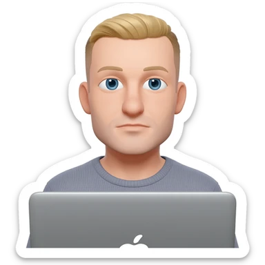 парень 30 лет с короткострижеными волосами без очков европейской внешности с голубыми глазами сидит за макбуком видно только часть лица (волосы русого цвета) sticker