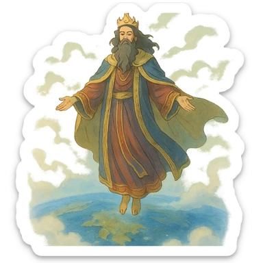 ghibli style godlike man with regal robes, floating above the world, ethereal atmosphere sticker