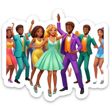 Wedding guests dancing on dance floor with cannabis, colorful party atmosphere, disco lights, cheerful cartoon style sticker