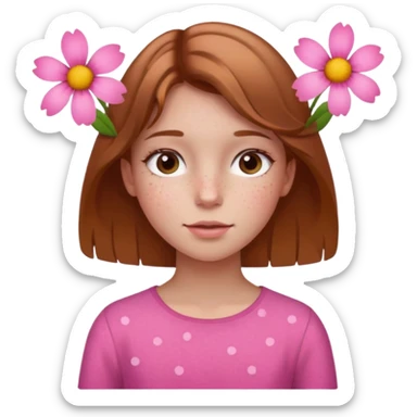 Girl with With light brown hair and a summer pink flower on her head and freckles sticker