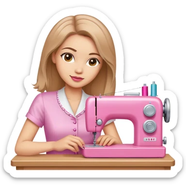 Mujer bonita cabello a la altura de hombros color marrón claro costurera con máquina de coser rosada  sticker