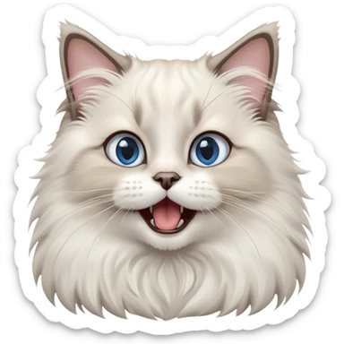 cinematic-adorable-big-eyed-fluffy-ragdoll-cat-portrait-emoji,-head-tilted-playfully-with-a-cute,-yawn,-white and grey fur,-simplified-yet-irresistibly-cute-features, blue eyes sticker