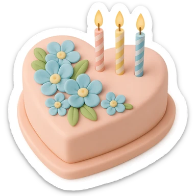 Add birthday candles to the heart-shaped fondant cake with blue flowers, fondant cake art style, keep transparent background. sticker