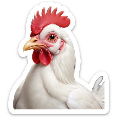 Cinematic Cute White Chicken Portrait Emoji, Head tilted playfully and inquisitively, featuring smooth, immaculate white feathers and a delicate red comb, round, sparkling beady eyes filled with curiosity, Simplified yet irresistibly adorable features, highly detailed, glowing with a warm, friendly glow, high shine, affectionate and lively, stylized with a touch of farmyard whimsy, bright and endearing, soft glowing outline, capturing the essence of a mischievous yet loving chicken, so playful it feels like it could peck out of the screen and into your arms! sticker