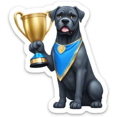 A happy Blue Cane Corso in a blue and gold holding a huge trophy. sticker