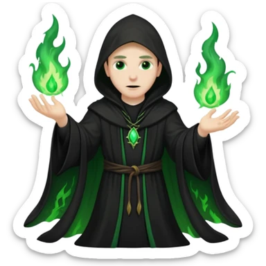 A dark sorcerer in flowing black robes, conjuring eerie green flames sticker