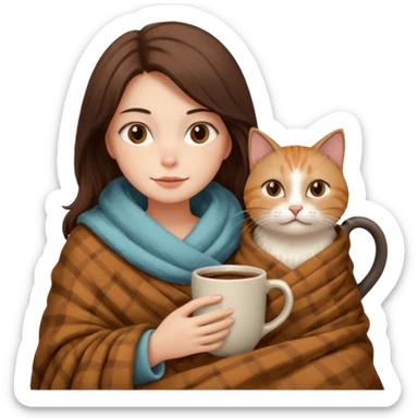Kediyle bayan yanyana kahve battaniye sticker