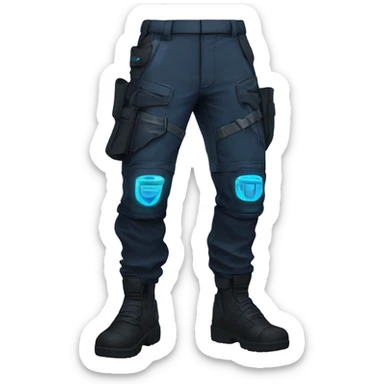 Futuristic slim-fit tactical pants with armored knee pads, glowing blue accents, and utility pockets, designed for an anime hero. Dark color scheme (black/navy) with cyberpunk details, tapering towards boots and matching a tactical jacket. sticker