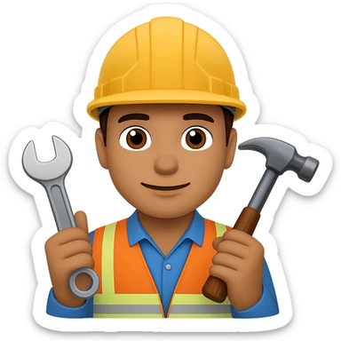 Add construction tools like a wrench and hammer to the civil engineer wearing hard hat in the style of apple emojis with no background. sticker
