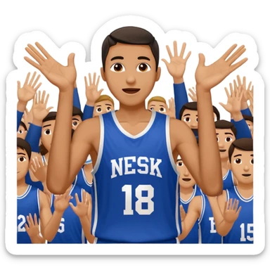 Maverick Trevillian in the crowd at an amateur basketball game. He leans towards the camera and enthusiastically shouts "six seven while performing a distinctive hand gesture: both hands open, palms facing upward, moving up and down as if weighing two options. sticker