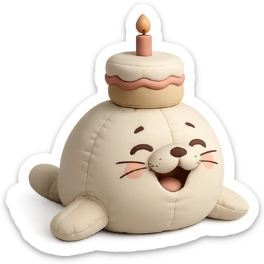 cutie baby seal balancing cake on head with laughing face in cushion style sticker