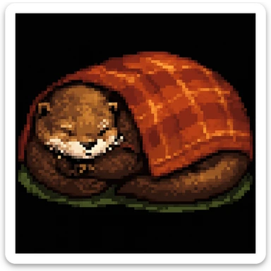 Make the image a pixel art style: Add a cozy blanket draped over the sleeping otter, keep pixel art style and colors sticker