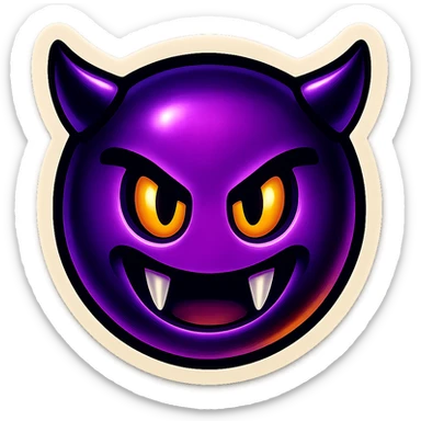devil emoji, neon purple and black colors, sharp fangs, glowing yellow eyes, dramatic shadows, neon palette, vibrant neon style sticker