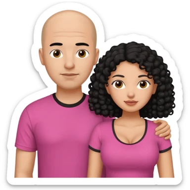 A picture if a couple. the man is a Mexican man with  black hair, a bald hair cut and with a black t-shirt on. the woman is mixed with black and white, with brown curly long hair and a pink shirt on and big boobs sticker