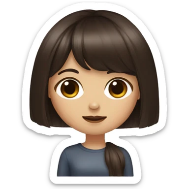 Girl with long brown hair, bangs,  and dark pug sticker