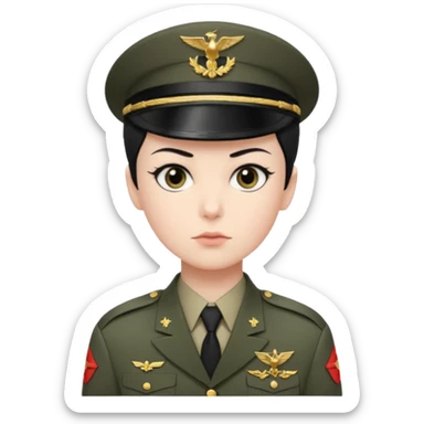 short black neat hair, sharp dark gray eyes, pale skin, serious expression, wearing military uniform, upright posture, minimal accessories, sharp and precise styleDog wizard sticker