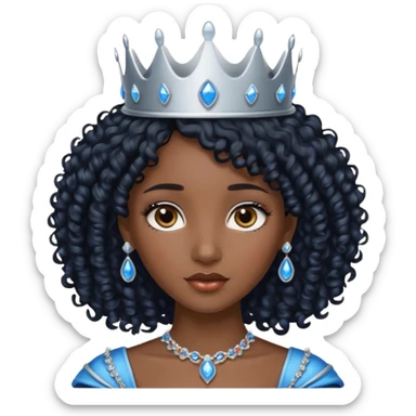 Por favor hazme el emoji de la princesa pero morena con el pelo negro y rizado, los ojos marrones y la corona plateada con jollas azules sticker