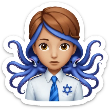 tanned, Doe hazel eyes, Octopus hair cut, White uniform top with blue tie, blue long skirt, Long lashes  sticker